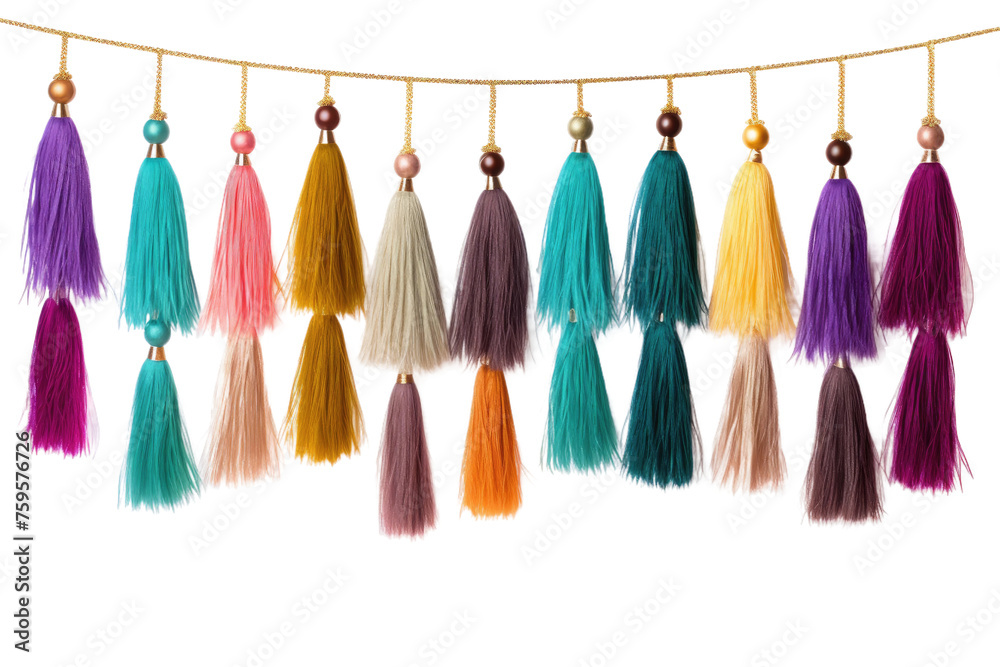Line of Tassels Hanging From a String. on a White or Clear Surface PNG Transparent Background. Line of Tassels Hanging From a String. on a White or Clear Surface PNG Transparent Background.