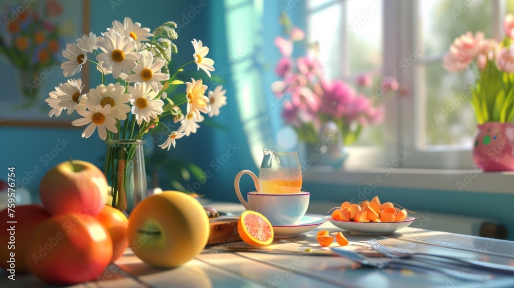 A table topped with fruit and flowers next to a window - obrazy, fototapety, plakaty 