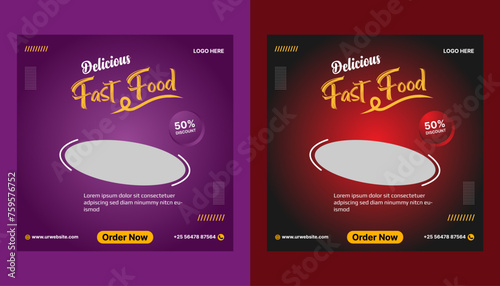 Fast food restaurant business marketing social media post or banner template design with abstract fire smoke background, logo and icon. Pizza, burger & hamburger sale promotion web flyer or post