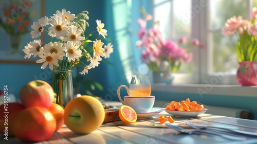 A table topped with fruit and flowers next to a window