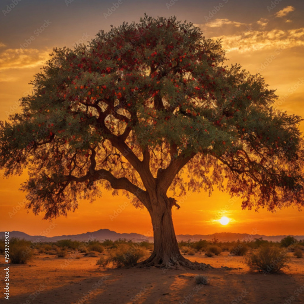Fototapeta premium sunset in the mountains with a big tree 