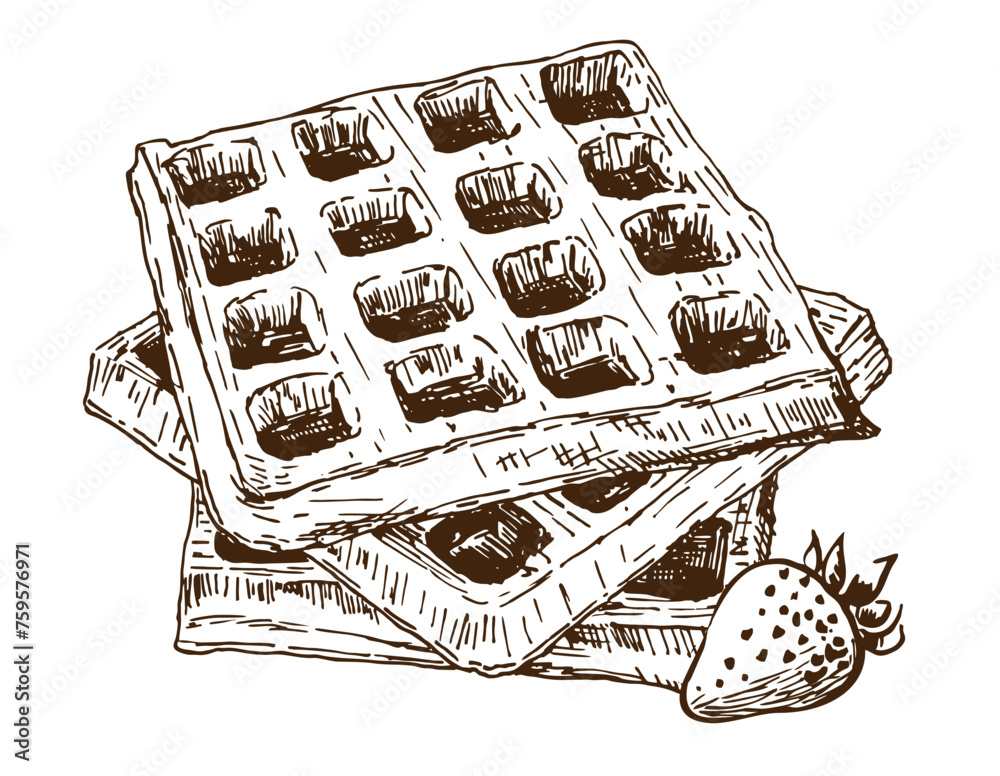 Ink sketch of waffles with strawberries. Hand drawn vector illustration ...