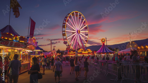 A carnival with a ferris wheel and many people