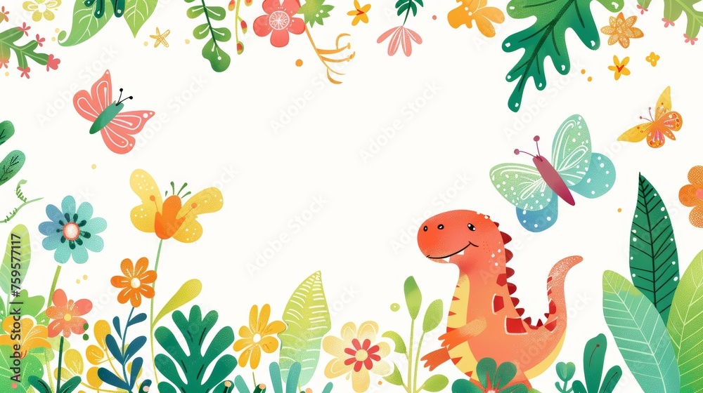 Dinosaur in a Field of Flowers and Butterflies Dinosaur in a Field of Flowers and Butterflies