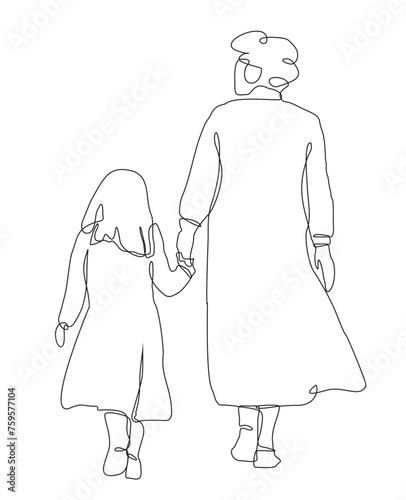 Single continuous line drawing of mothers or grandmothers with her daughter or granddaughter walk holding hands. Happy family parenting concept. One line draw graphic design vector illustration