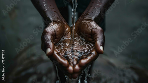 Water Spilling Into Black African Children's Hands (Drought / Water Scarcity symbol). Water scarcity is the lack of sufficient available water resources to meet the demands of water usage. 