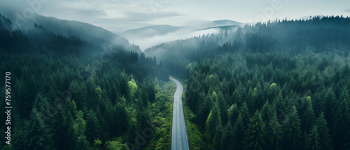 Aerial view of a road in the middle of the forest .. © Black