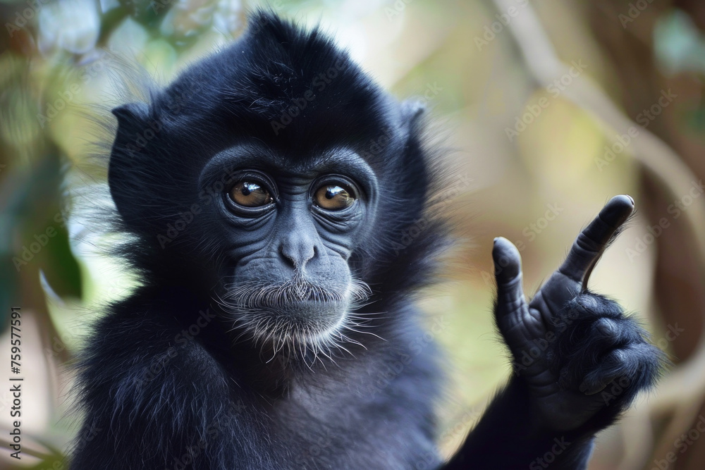 A baby monkey is pointing to the sky with its thumb. The monkey is black and has a cute expression on its face. A beautiful monkey makes the ok sign with his hand while looking at the camera