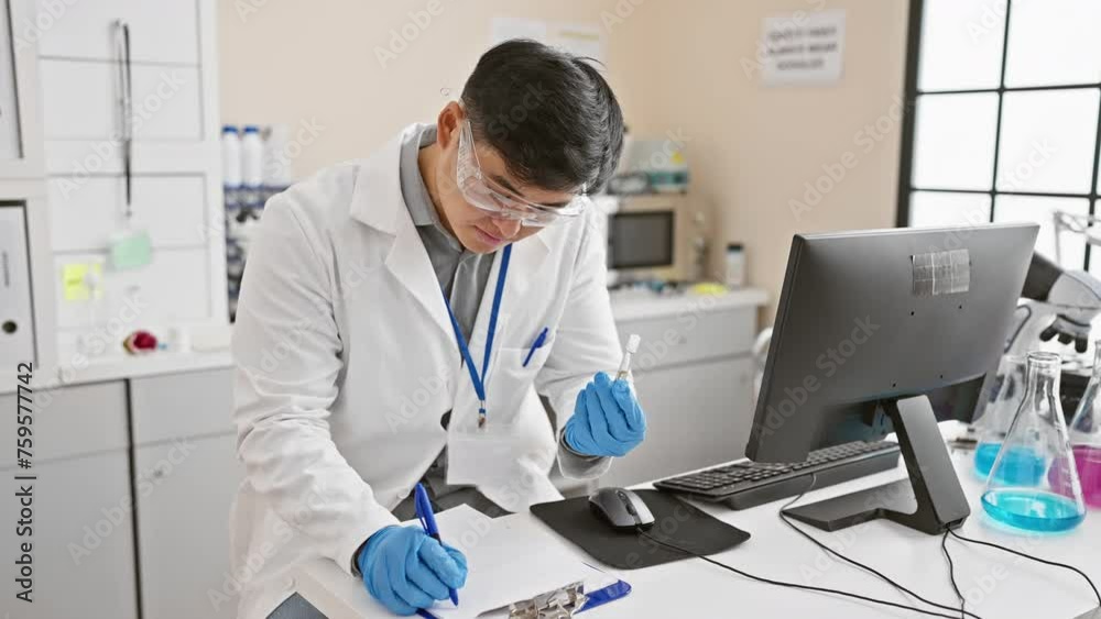 Chinese male scientist conducting research in a laboratory, analyzing samples and noting observations.