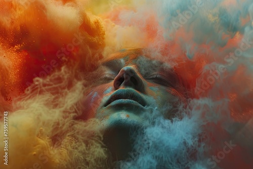 A colorful face is shown in a cloud of smoke