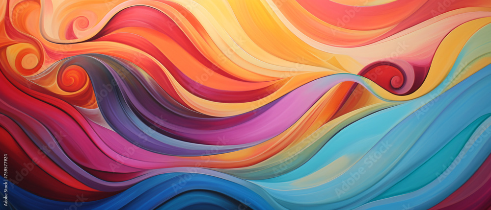 An abstract painting of a multicolored wave of colors.