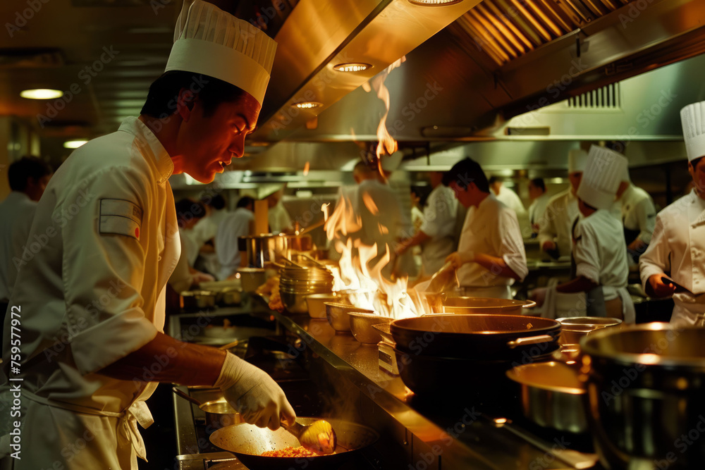 A chef while cooking in a busy restaurant kitchen. AI generative A chef while cooking in a busy restaurant kitchen. AI generative