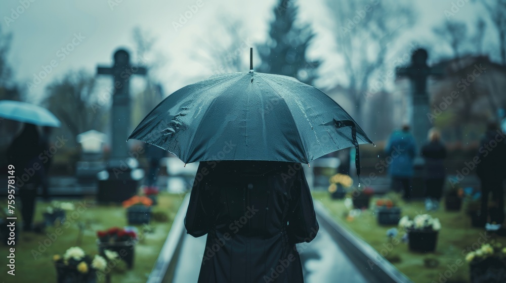 Back view of sad crying woman holding umbrella standing alone at a funeral ceremony.