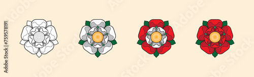 White Rose of York | Red Rose of Lancaster | Tudor Rose of England | Red Green Yellow White Black Outline Flat Vector Illustration	