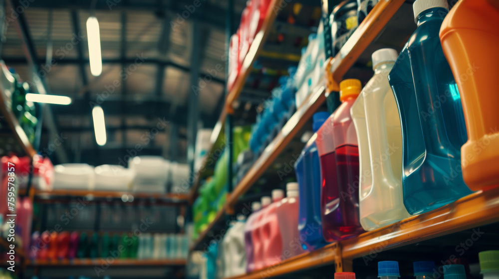 Vibrant laundry detergent bottles on shelves in a well-lit supermarket aisle.