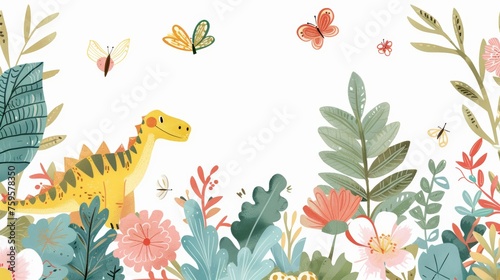 Dinosaur in a Field of Flowers and Butterflies © Suradet Rakha