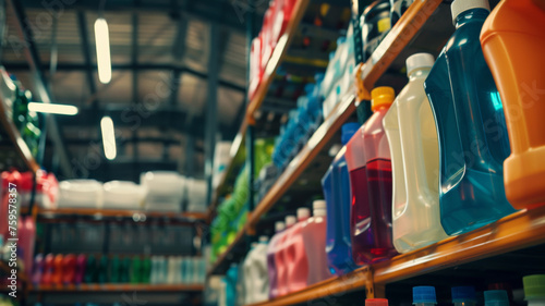 Vibrant laundry detergent bottles on shelves in a well-lit supermarket aisle.
