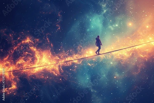 A person is walking on a tightrope in space © BetterPhoto