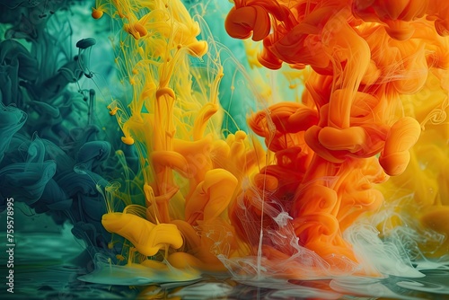 A colorful explosion of paint, with various shades of blue, green, yellow
