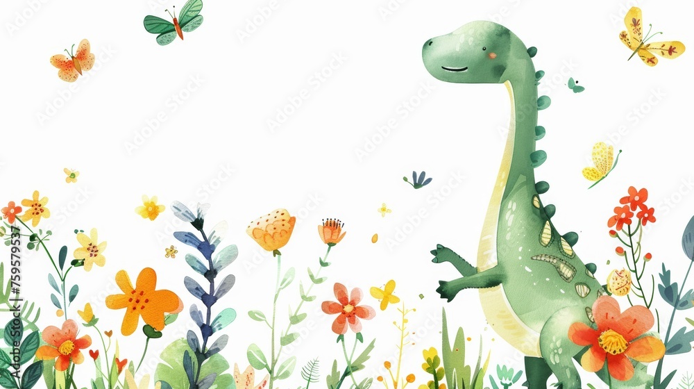 Dinosaur in a Field of Flowers and Butterflies Dinosaur in a Field of Flowers and Butterflies