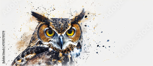 An owl with yellow eyes is painted in watercolor 