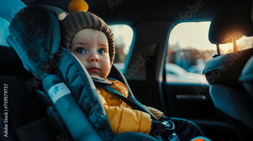 un bébé installé dans un siège auto et attaché à l'arrière d'une voiture