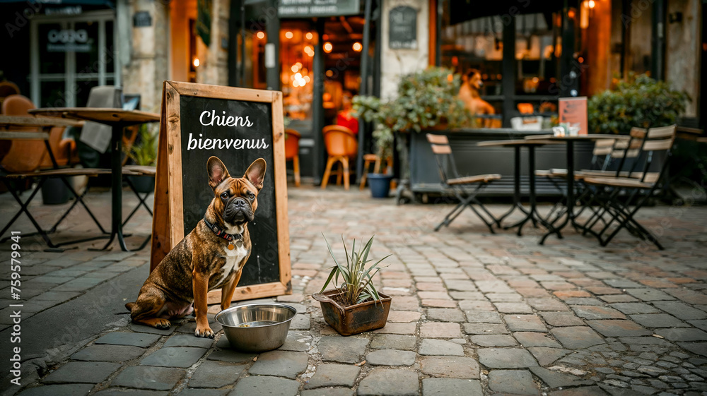 un chien à côté d'un gamelle d'eau et devant un panneau qui indique " CHIENS BIENVENUS " installé sur une terrasse de restaurant à l'extérieur - obrazy, fototapety, plakaty 