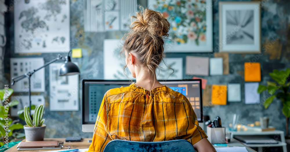 jeune femme blonde vue de dos, assise devant son ordinateur devant un bureau, elle travaille - obrazy, fototapety, plakaty 