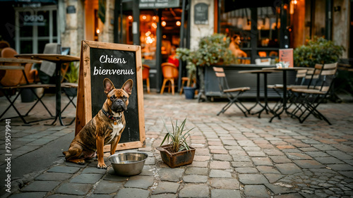 un chien à côté d'un gamelle d'eau et devant un panneau qui indique " CHIENS BIENVENUS " installé sur une terrasse de restaurant à l'extérieur