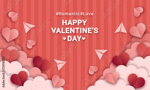 red background with clouds and hearts in paper style vector
