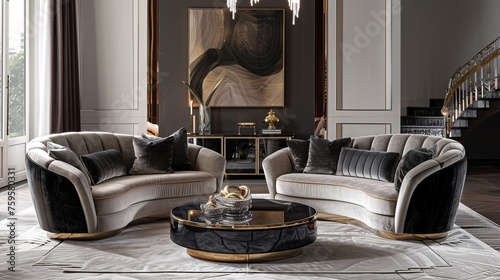 A glamorous Hollywood Regency style with mirrored accents and velvet upholstery.