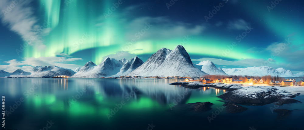 Aurora borealis over the sea snowy mountains and city