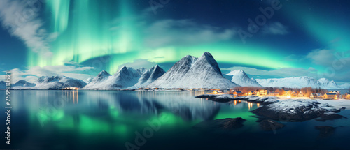 Aurora borealis over the sea snowy mountains and city