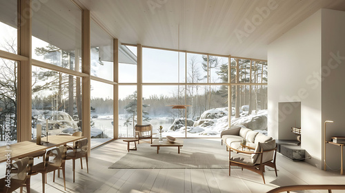 Scandinavian style living room featuring floor-to-ceiling windows for ample natural light