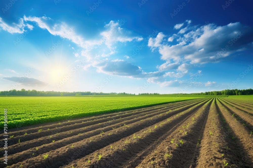 field with rows of green crops growing under a blue sky. In the foreground, you can see furrows with dark soil, and in the background, a line of trees.