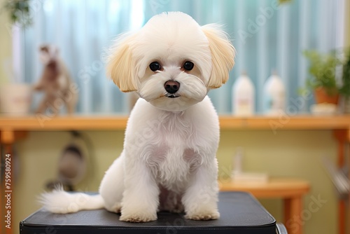 a small white dog with brown ears sitting on a wooden stool at the groomer. The dog is looking at the camera with a serious expression.