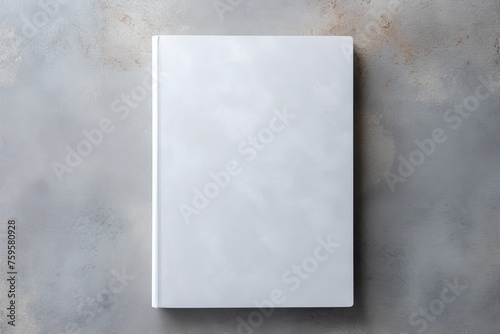 white book on a gray background. The book has a hard cover and a clean spine without text. The pages of the book are white and dense. The book lies flat on a gray surface. photo