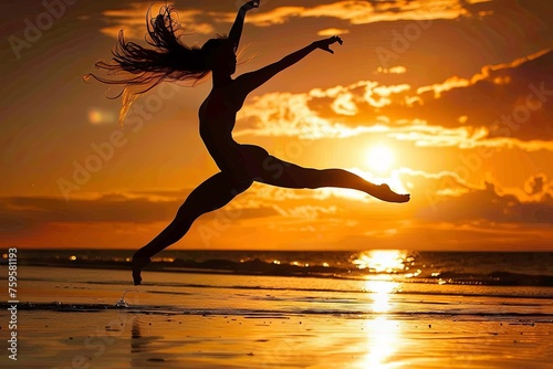 A woman is mid-air  jumping energetically on the sandy beach  expressing joy and freedom. Generative AI