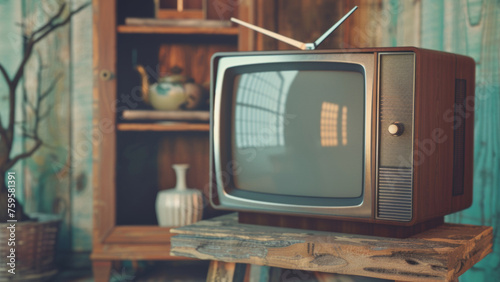 Nostalgic scene with a vintage television on a rustic wooden table against a teal backdrop.