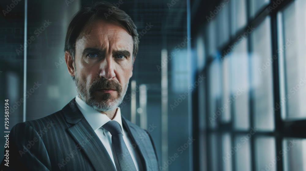 A distinguished man in a suit exudes authority in a corporate setting. A distinguished man in a suit exudes authority in a corporate setting.