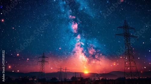 View of media antennas and high voltage power tower silhouettes against a night city on the horizon and the Milky Way in a clear night sky from below photo