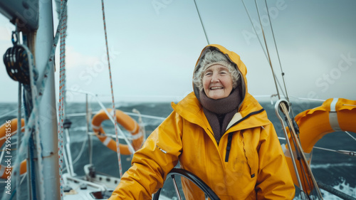 A joyful elderly woman helms a sailboat, a sea adventure lit by her smile.
