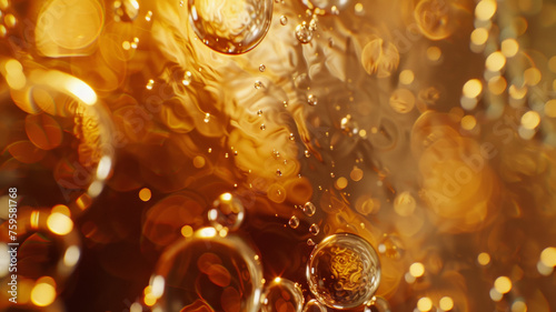 Golden bubbles form an abstract, effervescent dance in a warm bokeh glow.