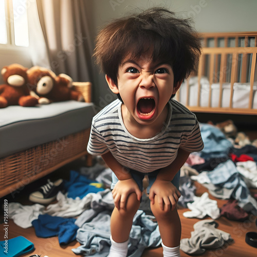 hyperactive, mischievous and defiant brat boy toddler in a messy bedroom, cheeky and naughty, screaming for attention. Naughty kids concept.