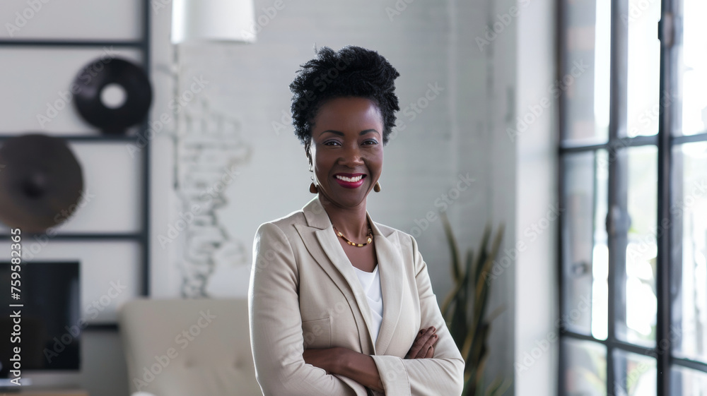 Confident businesswoman smiling in a modern office setting. Confident businesswoman smiling in a modern office setting.