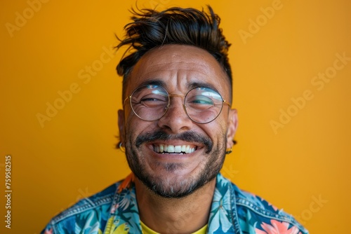 Handsome smiling, happy and pleased stoic man with positive vibes. Portrait of a joyful young man with beautiful hair and fashionable clothes. © Merilno