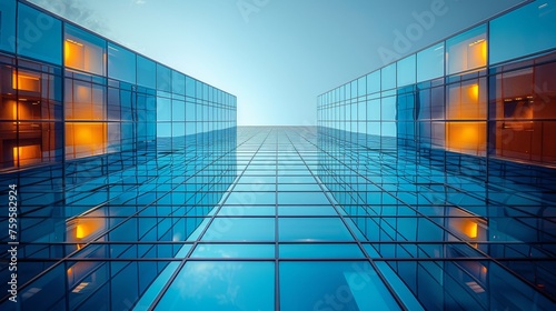 View from below of the entrance to an office building next to a contemporary high rise structure with reflective glass walls reflected in the sky, against a blue sky that is cloudless