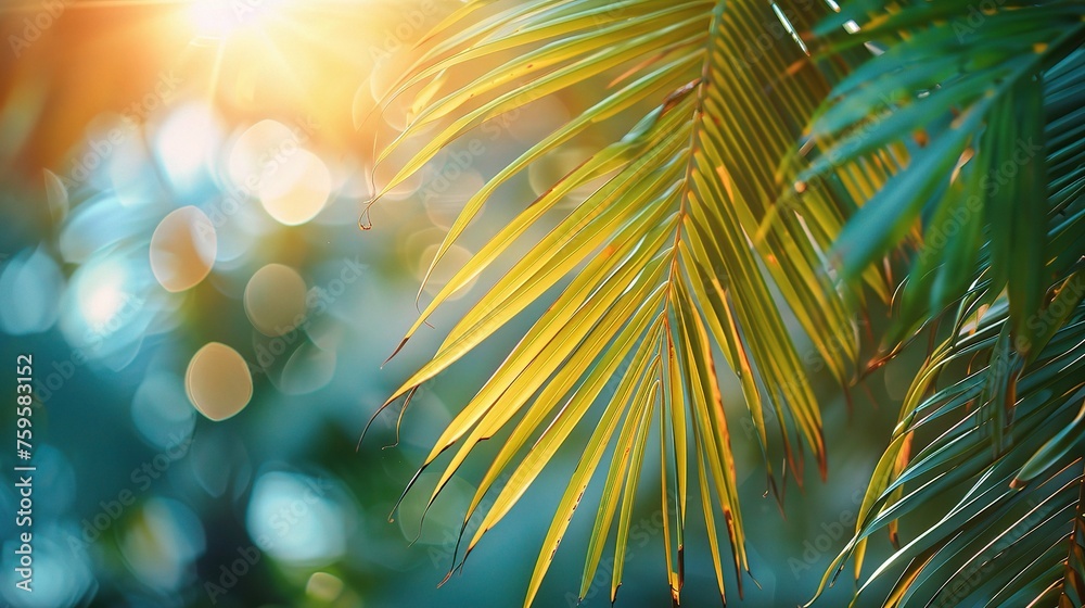 Blur beautiful nature green palm leaf on tropical beach with bokeh sun light wave abstract background Blur beautiful nature green palm leaf on tropical beach with bokeh sun light wave abstract background