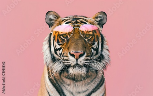 Cool Cat Incognito, A tiger dons stylish pink sunglasses, striking a pose against a solid pink background, infusing a playful twist to the wild feline's fierce demeanor