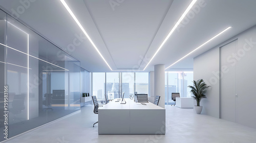 Modern minimalist office interior design featuring minimalist lighting fixtures